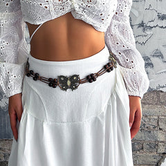Rhinestone Butterfly Waist Chain, Hand-woven Wood Bead Wax Rope Belt, Bohemian Body Chain