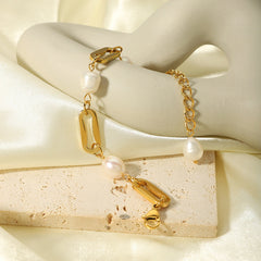 Titanium Steel 18K Gold Plated Bracelet Natural Freshwater Pearl Jewelry