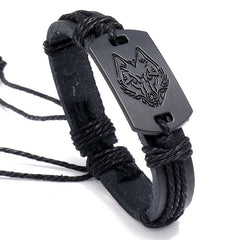 Pulsera de cuero punk para hombre, pulsera con cabeza de lobo negra, pulsera tejida multicapa con cuerda de cuero.
