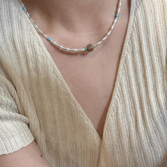 S925 Sterling Silver Green Pine Rice Bead Necklace Clavicle Chain