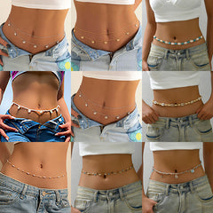 Cadena para el cuerpo con concha, mariposa, perla, hoja, caracola pequeña, estrella de mar, flecos, cadena para la cintura, 2 unidades