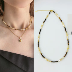 Natural Tiger's Eye Stone White Shell Millet Pearl Necklace Clavicle Chain