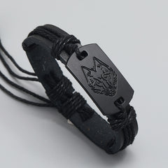 Pulsera de cuero punk para hombre, pulsera con cabeza de lobo negra, pulsera tejida multicapa con cuerda de cuero.