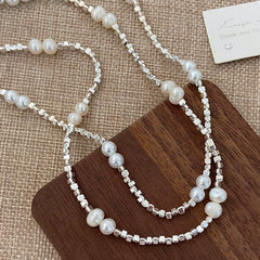 Natural freshwater pearl necklace, broken silver neck chain, female collarbone chain.