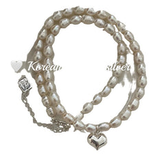 Collar de perlas de arroz de agua dulce naturales de plata esterlina S925 con forma de corazón