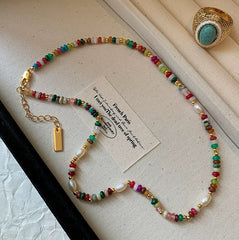Natural stone pearl colored glass beaded necklace women's collarbone chain