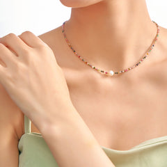 Collar de perlas de turmalina natural de colores mixtos hecho a mano con cadena de clavícula y cuentas, joyería de piedra natural