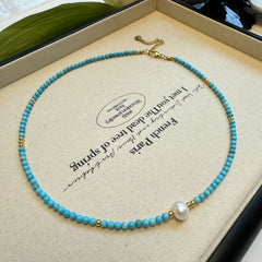 Collar de perlas de turquesa natural para mujer, cadena para el cuello.