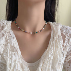 Natural stone pearl colored glass beaded necklace women's collarbone chain