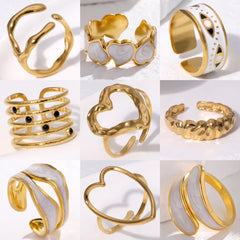 Anillos abiertos de acero inoxidable 304 chapado en oro de 18 quilates con forma de corazón y hojas geométricas con elegante chapado retro.