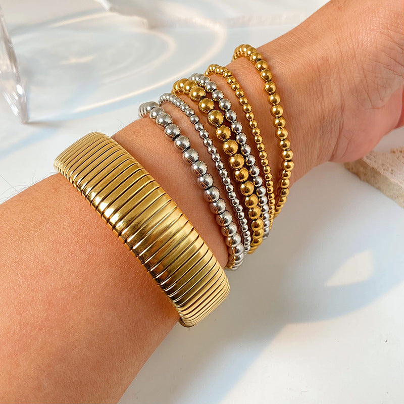 Pulseras de acero inoxidable 304 con cordón elástico, chapadas en oro de 18 quilates, de color sólido, estilo IG, a granel 