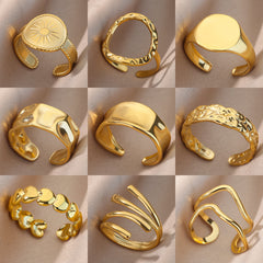 Anillos abiertos chapados en oro de 18 quilates de acero inoxidable 304 con forma de corazón, estilo geométrico redondo, joyería al por mayor