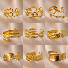 Anillos abiertos chapados en oro de 18 quilates de acero inoxidable 304 con forma de corazón, estilo geométrico redondo, joyería al por mayor