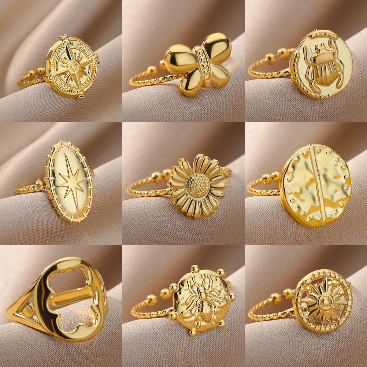 Anillos abiertos chapados en oro de 18 quilates de acero inoxidable 304 con forma de corazón, estilo geométrico redondo, joyería al por mayor