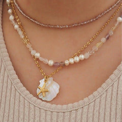 Collar con colgante de acero de titanio chapado en oro de 18 quilates con diseño de estrella de mar, delfín y concha de playa, estilo marinero, venta al por mayor