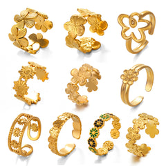 Anillos abiertos chapados en acero inoxidable 304 con diseño de flor de estilo simple al por mayor