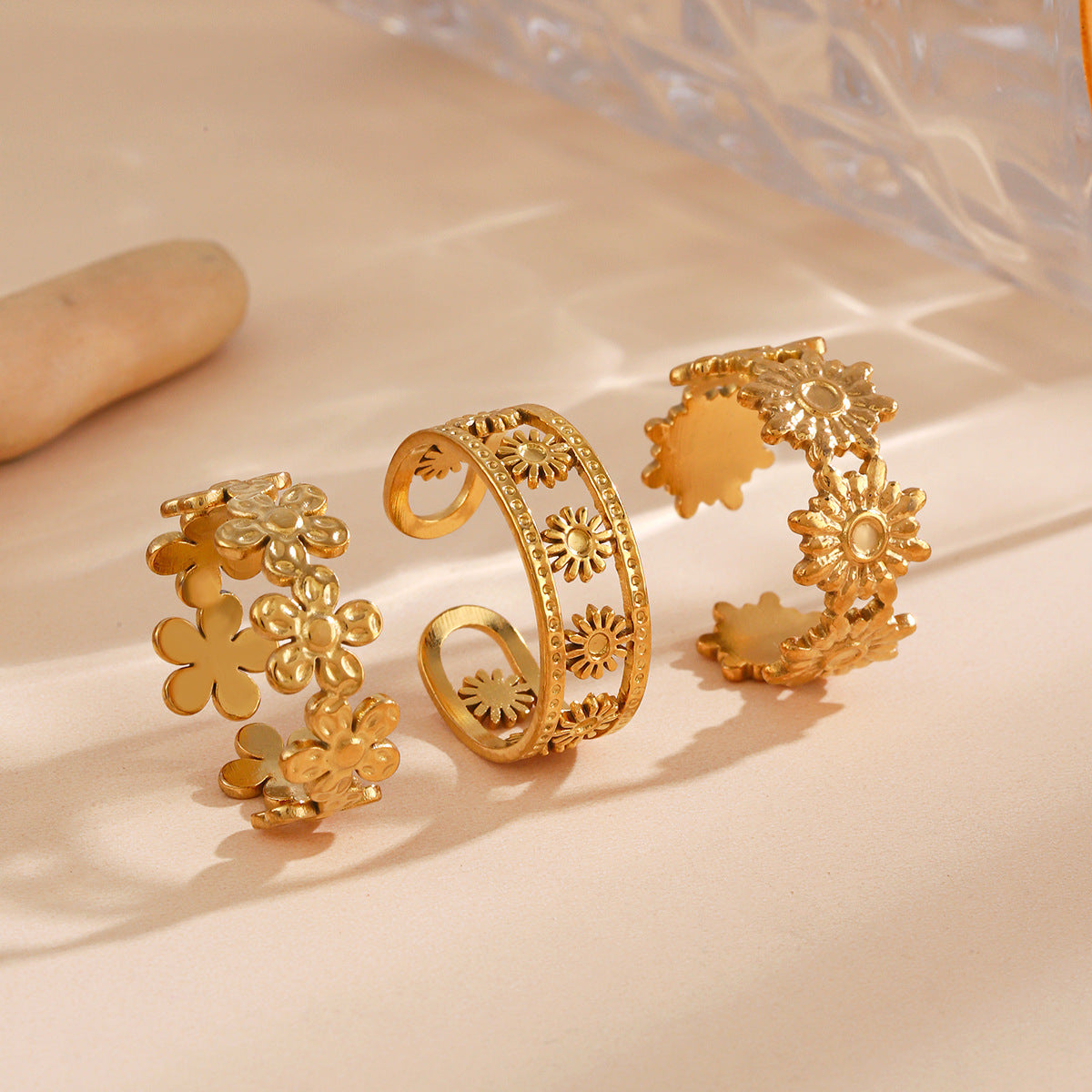 Anillos abiertos chapados en acero inoxidable 304 con diseño de flor de estilo simple al por mayor