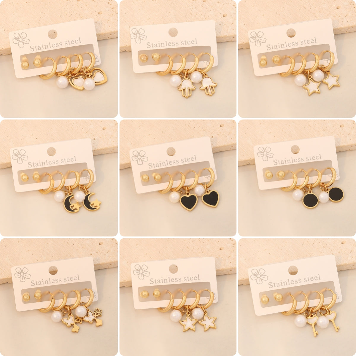 3 pares de aretes colgantes de acero inoxidable 304 chapados en oro de 18 quilates con diseño de estrella de viaje de estilo simple