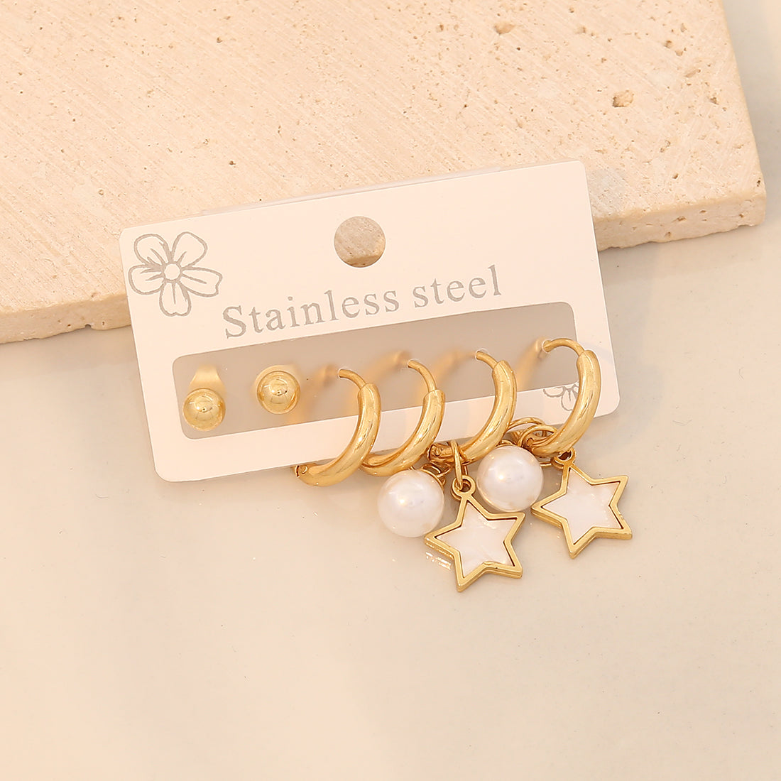 3 pares de aretes colgantes de acero inoxidable 304 chapados en oro de 18 quilates con diseño de estrella de viaje de estilo simple