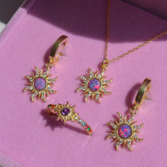 Anillos, pendientes y collar con incrustaciones de sol, ópalo artificial y circonitas, estilo informal, sencillo y chapado en oro y cobre.
