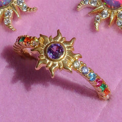 Anillos, pendientes y collar con incrustaciones de sol, ópalo artificial y circonitas, estilo informal, sencillo y chapado en oro y cobre.