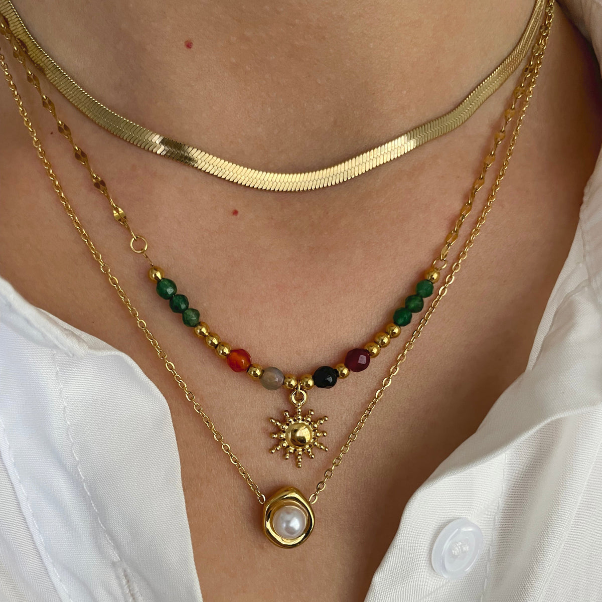 Joyería al por mayor: elegante collar con colgante de girasol (Jz001), estilo francés retro, perla de acero inoxidable 316L, imitación de perla, piedra natural, chapado en oro de 18 quilates.