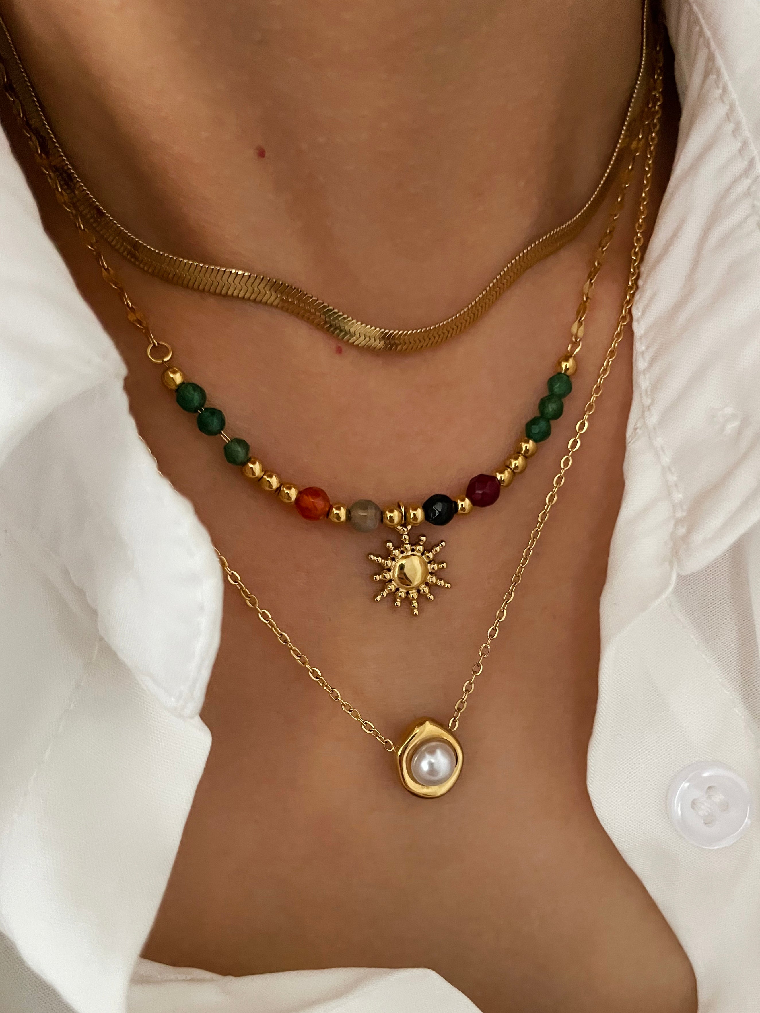 Joyería al por mayor: elegante collar con colgante de girasol (Jz001), estilo francés retro, perla de acero inoxidable 316L, imitación de perla, piedra natural, chapado en oro de 18 quilates.