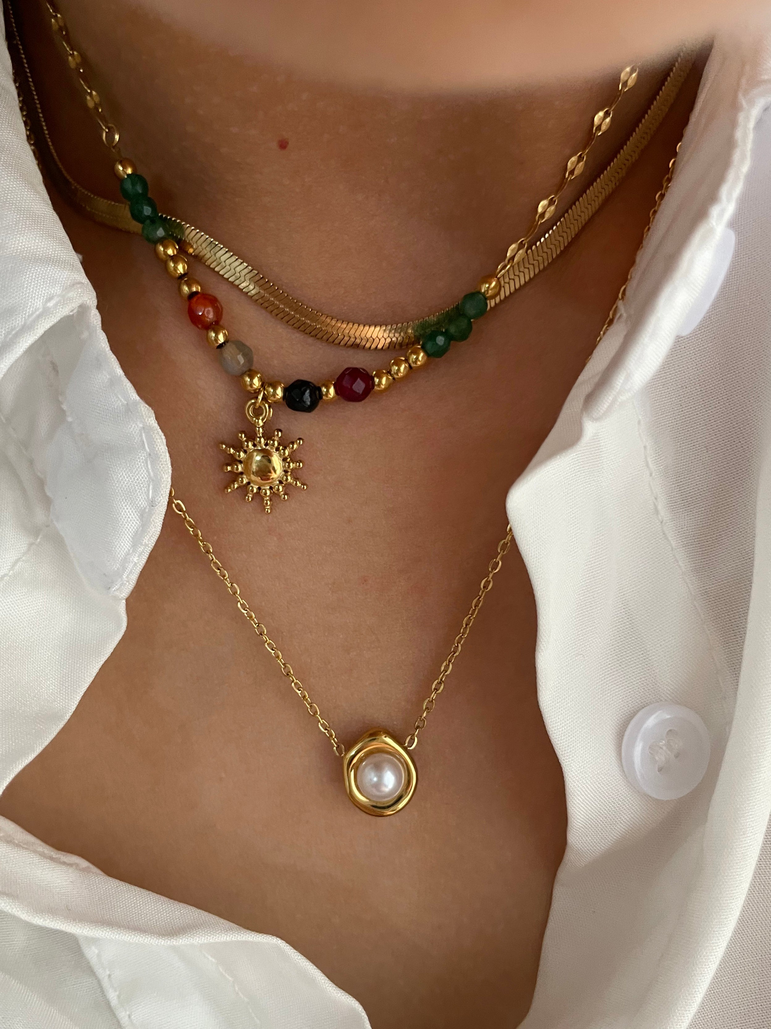 Joyería al por mayor: elegante collar con colgante de girasol (Jz001), estilo francés retro, perla de acero inoxidable 316L, imitación de perla, piedra natural, chapado en oro de 18 quilates.