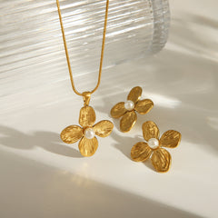 Joyería al por mayor, estilo clásico básico, flor, acero inoxidable 304, perlas artificiales, chapado en oro de 18 quilates, pendientes, collar con incrustaciones. 