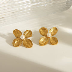 Joyería al por mayor, estilo clásico básico, flor, acero inoxidable 304, perlas artificiales, chapado en oro de 18 quilates, pendientes, collar con incrustaciones. 