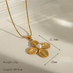 Joyería al por mayor, estilo clásico básico, flor, acero inoxidable 304, perlas artificiales, chapado en oro de 18 quilates, pendientes, collar con incrustaciones. 