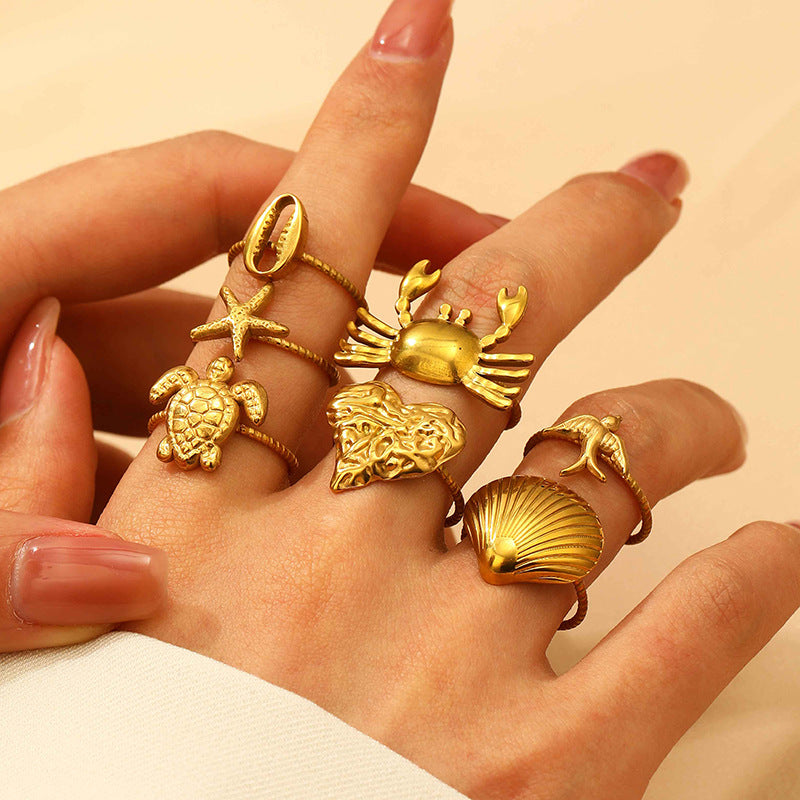 Anillos abiertos de acero inoxidable 304 con diseño de tortuga tropical, estrella de mar y concha de playa hawaiana al por mayor.
