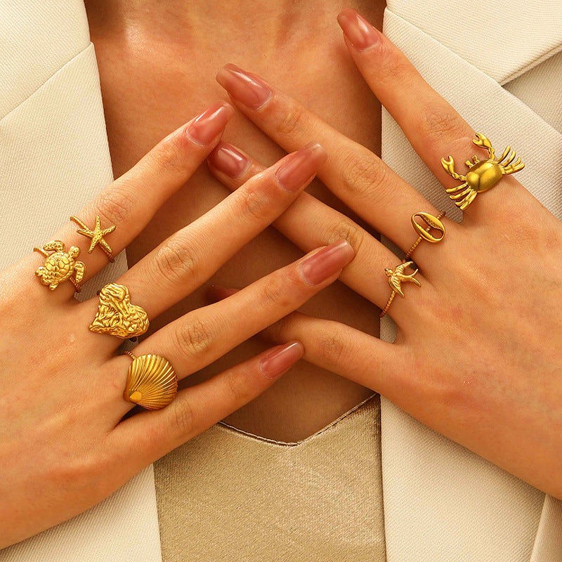 Anillos abiertos de acero inoxidable 304 con diseño de tortuga tropical, estrella de mar y concha de playa hawaiana al por mayor.