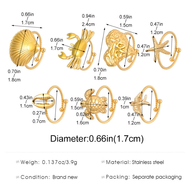 Anillos abiertos de acero inoxidable 304 con diseño de tortuga tropical, estrella de mar y concha de playa hawaiana al por mayor.