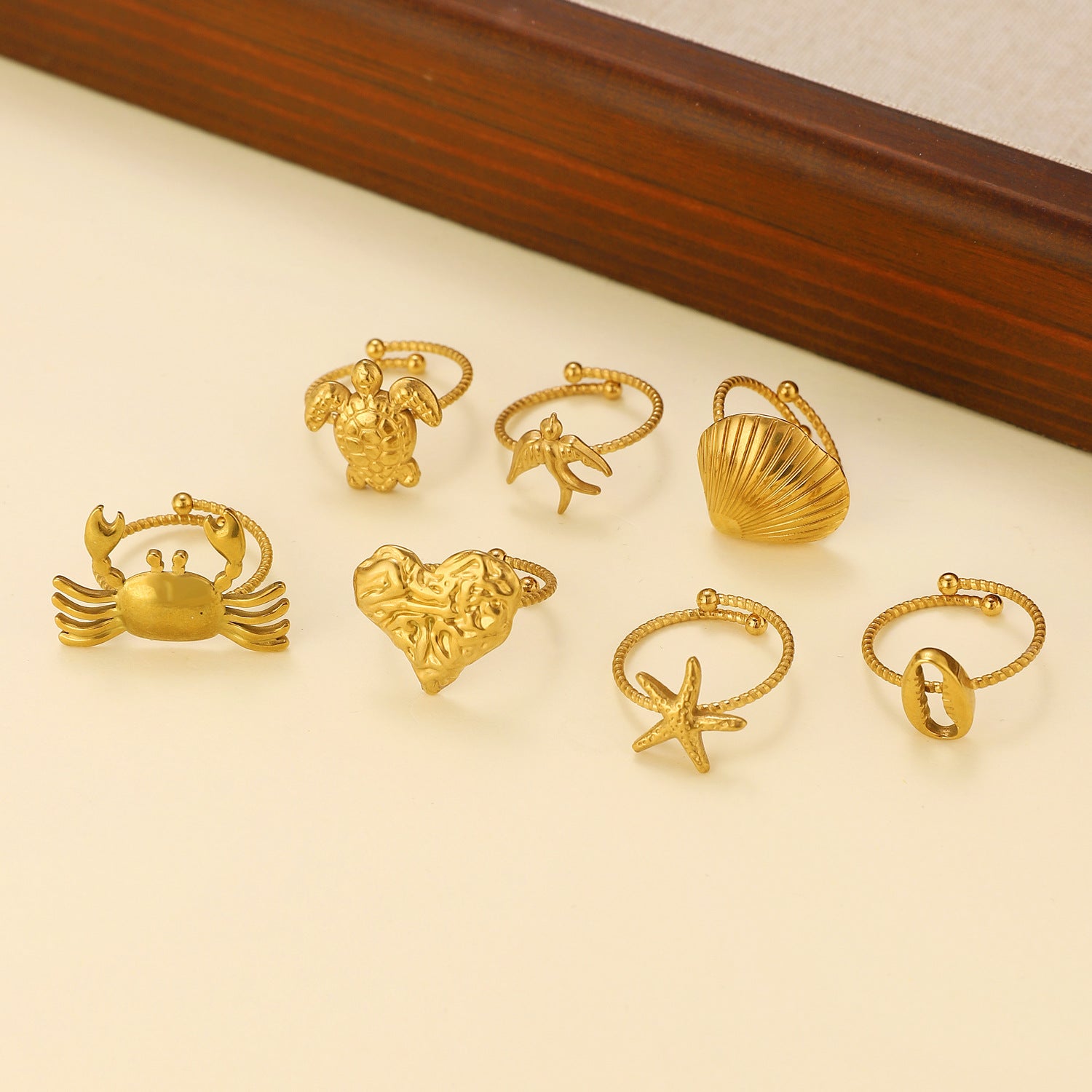 Anillos abiertos de acero inoxidable 304 con diseño de tortuga tropical, estrella de mar y concha de playa hawaiana al por mayor.