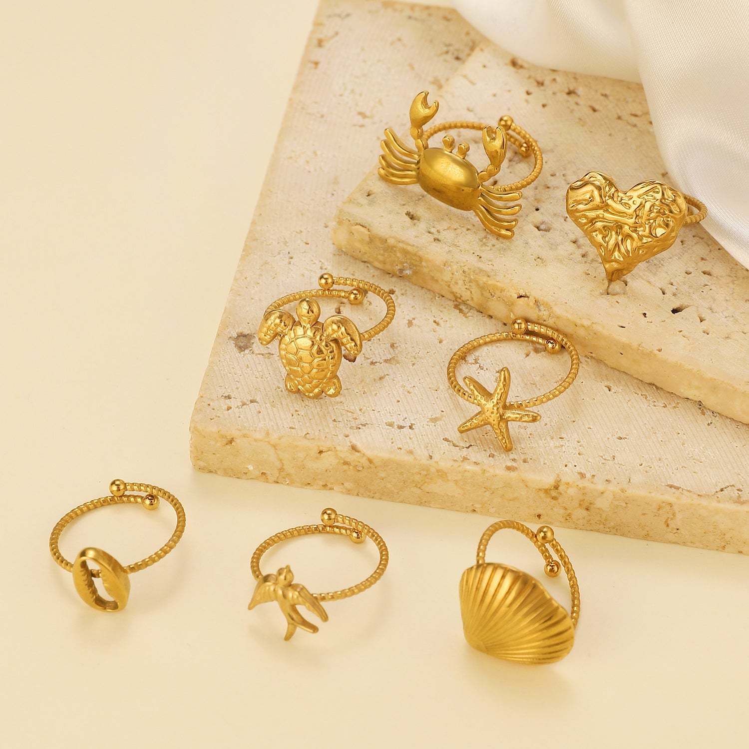 Anillos abiertos de acero inoxidable 304 con diseño de tortuga tropical, estrella de mar y concha de playa hawaiana al por mayor.