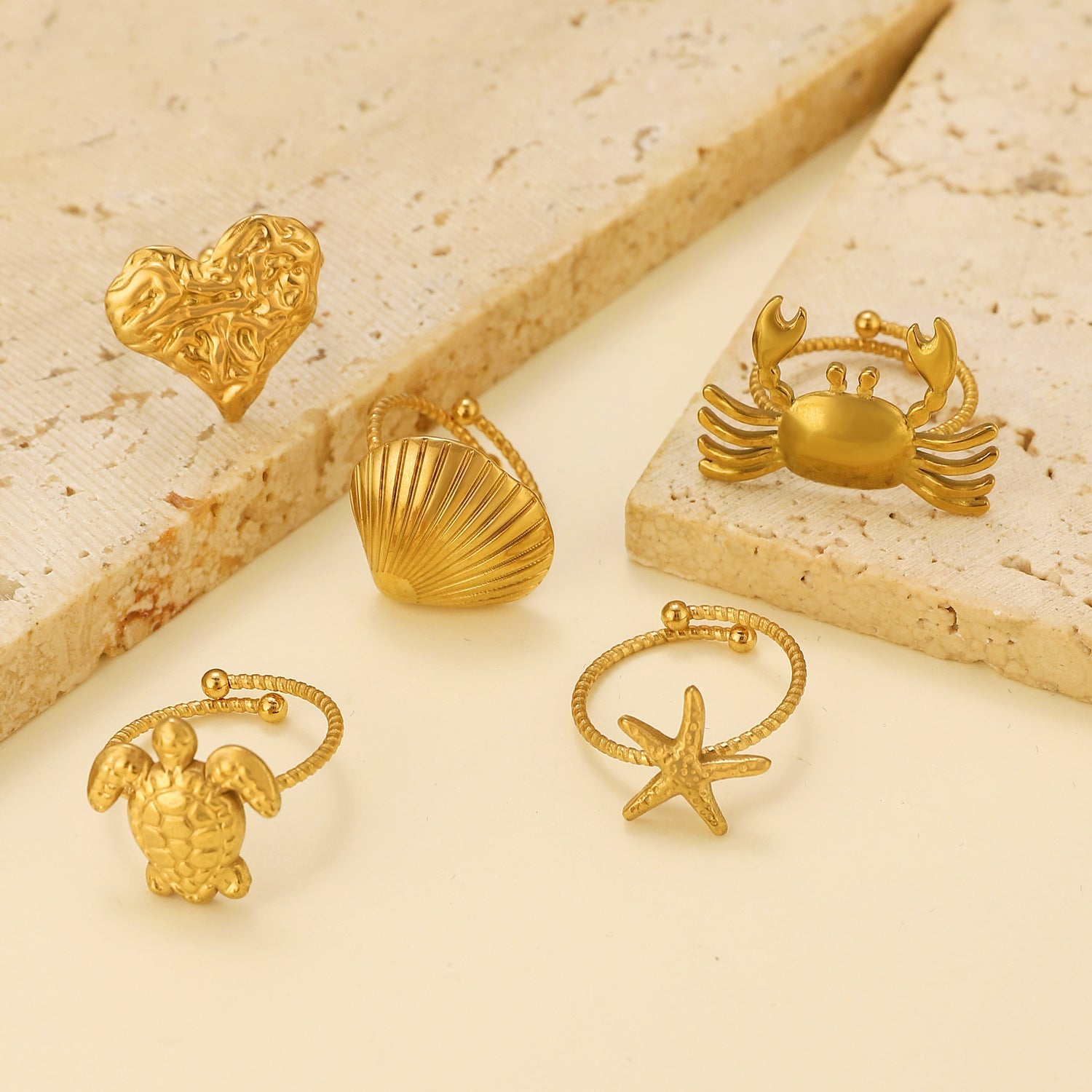 Anillos abiertos de acero inoxidable 304 con diseño de tortuga tropical, estrella de mar y concha de playa hawaiana al por mayor.