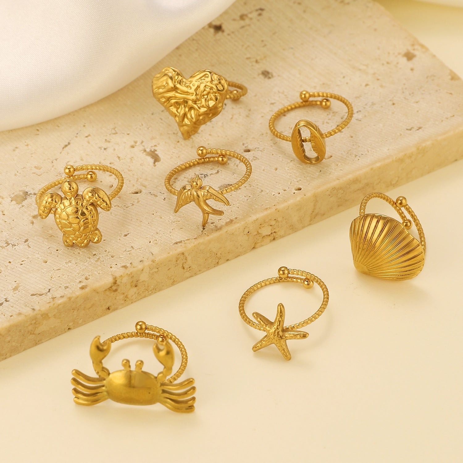 Anillos abiertos de acero inoxidable 304 con diseño de tortuga tropical, estrella de mar y concha de playa hawaiana al por mayor.