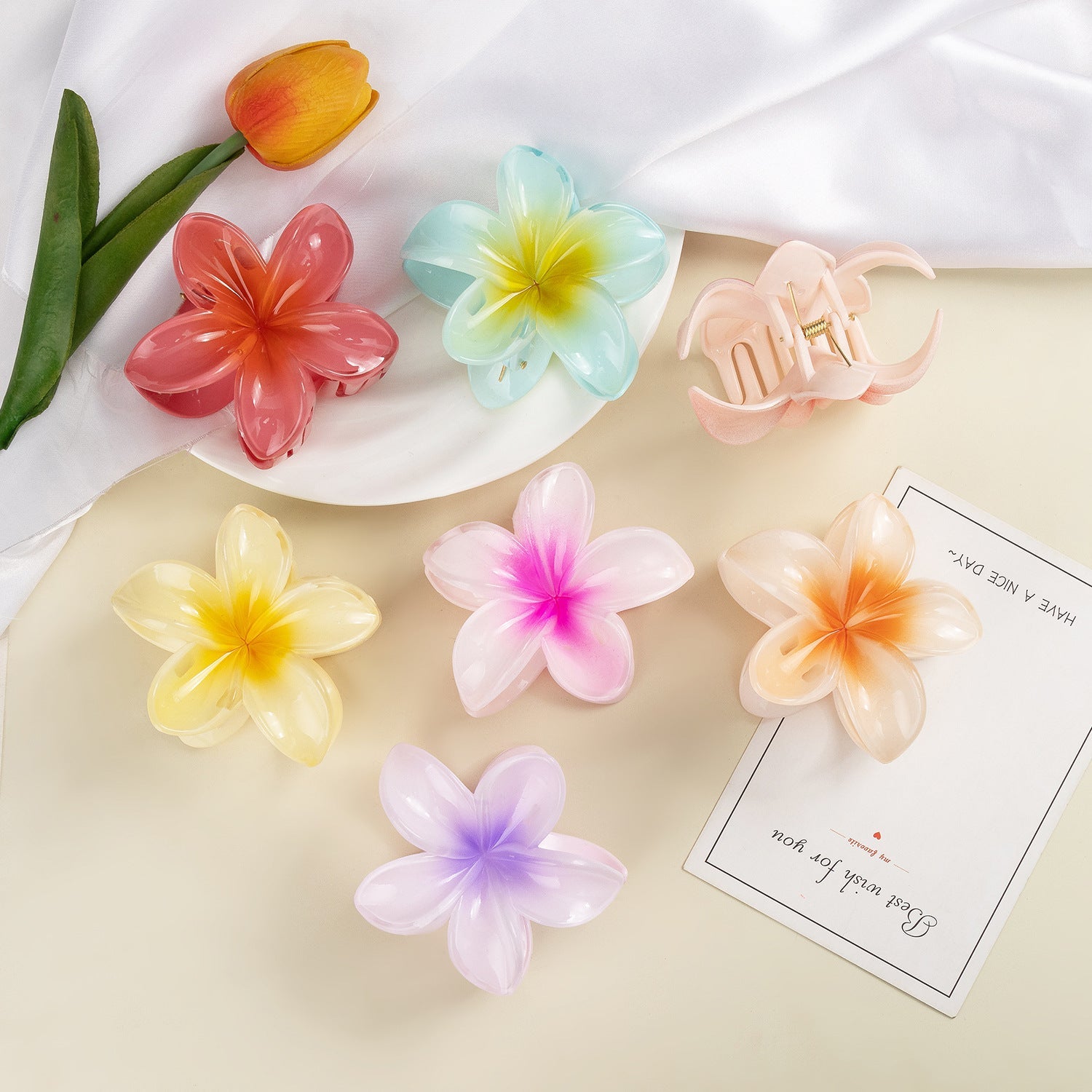 Pinzas para el cabello con diseño de flores de resina plástica y barniz para hornear para mujer