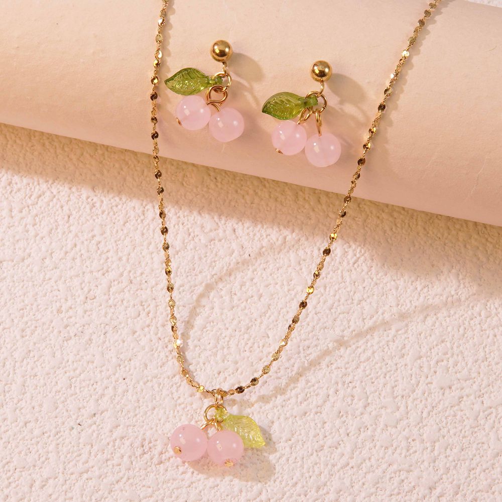 Joyería al por mayor: Lindo conjunto de pendientes y collar de cereza dulce de acero inoxidable 304 chapado en oro de 18 quilates.