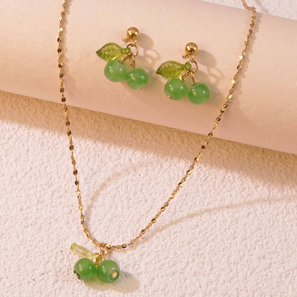 Joyería al por mayor: Lindo conjunto de pendientes y collar de cereza dulce de acero inoxidable 304 chapado en oro de 18 quilates.