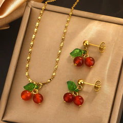 Joyería al por mayor: Lindo conjunto de pendientes y collar de cereza dulce de acero inoxidable 304 chapado en oro de 18 quilates.