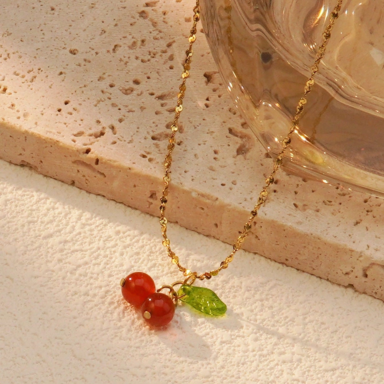 Joyería al por mayor: Lindo conjunto de pendientes y collar de cereza dulce de acero inoxidable 304 chapado en oro de 18 quilates.
