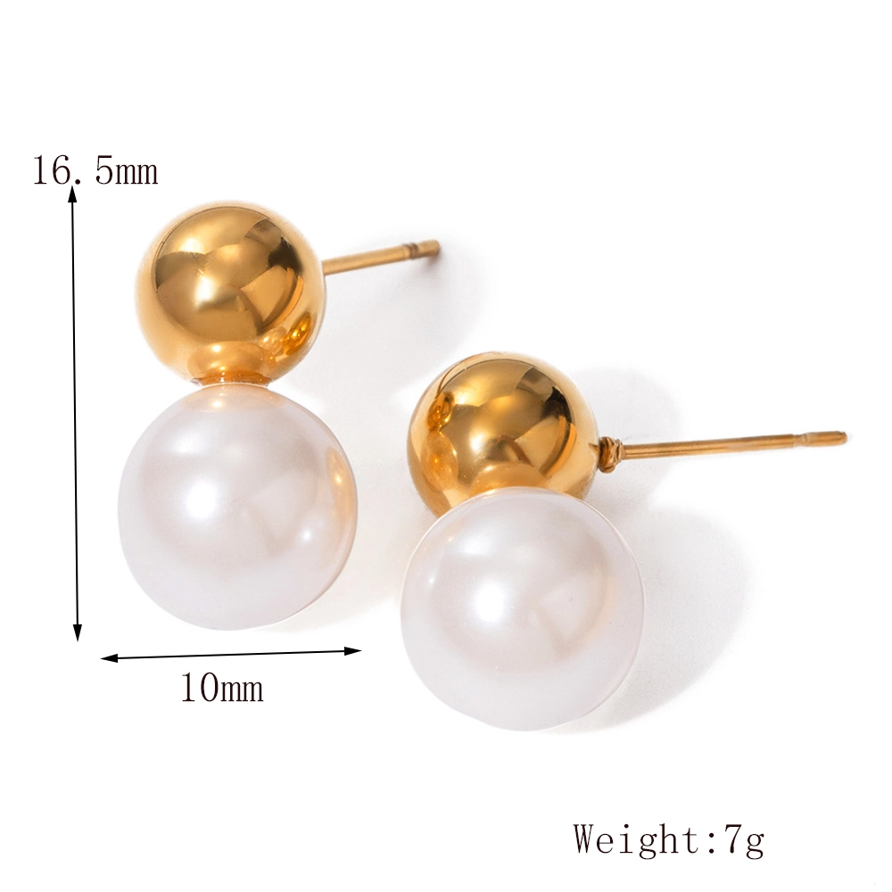 1 par de pendientes de estilo francés retro con incrustaciones geométricas, perlas artificiales de acero inoxidable 304 chapadas en oro de 18 quilates.