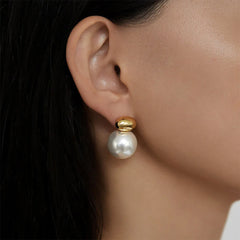 1 par de pendientes de estilo francés retro con incrustaciones geométricas, perlas artificiales de acero inoxidable 304 chapadas en oro de 18 quilates.