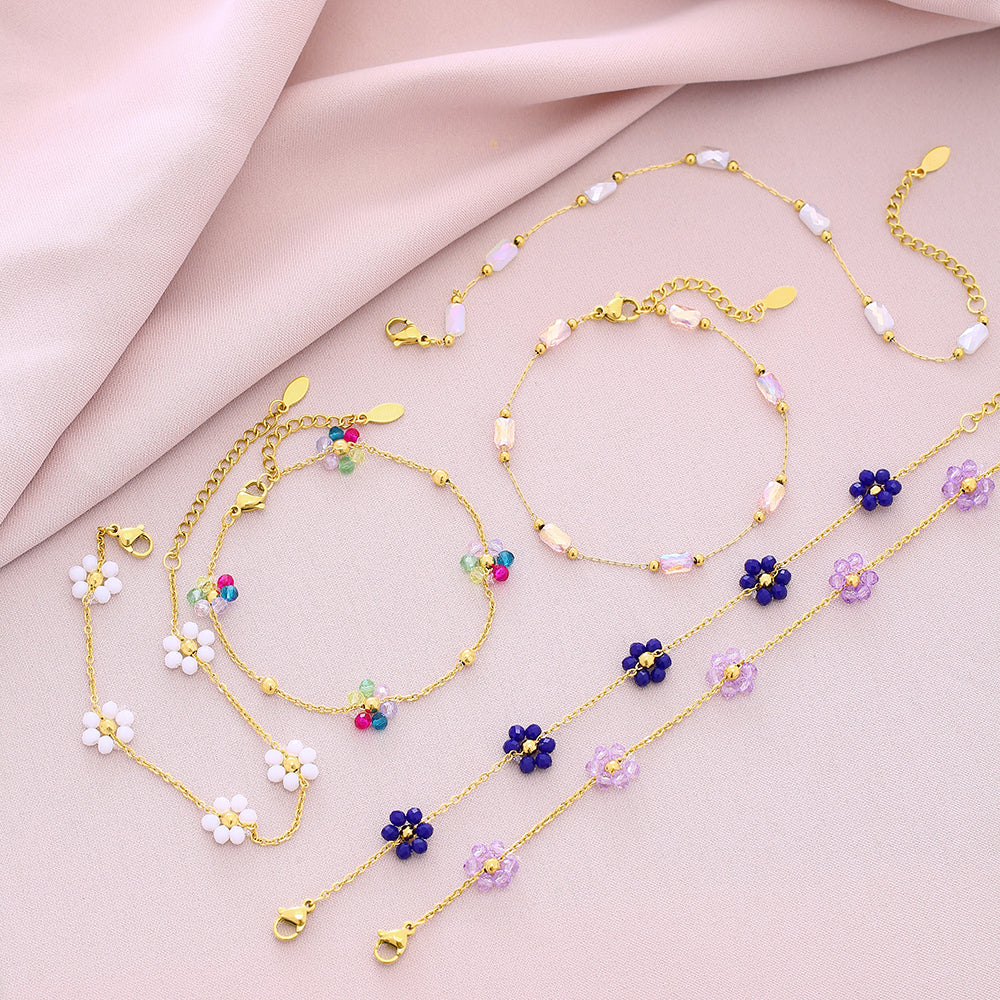Pulseras de acero inoxidable con cristales artificiales y pétalos brillantes 201 bañadas en oro de 18 quilates (a granel) 