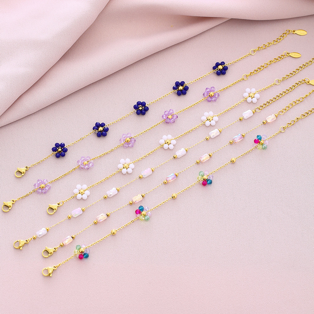 Pulseras de acero inoxidable con cristales artificiales y pétalos brillantes 201 bañadas en oro de 18 quilates (a granel) 