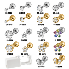 Pendientes de cartílago con incrustaciones de mariposa y flor tropical hawaiana redonda de acero inoxidable 316 chapados en oro de 24 quilates. 