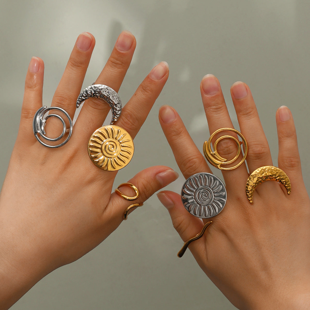 Anillos abiertos de acero inoxidable 304 de color sólido con luna redonda estilo IG, venta al por mayor
