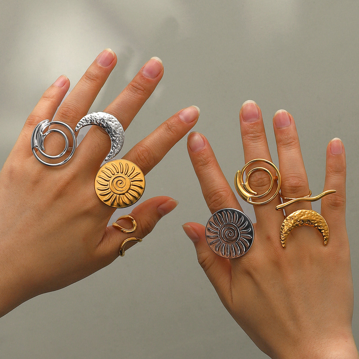 Anillos abiertos de acero inoxidable 304 de color sólido con luna redonda estilo IG, venta al por mayor